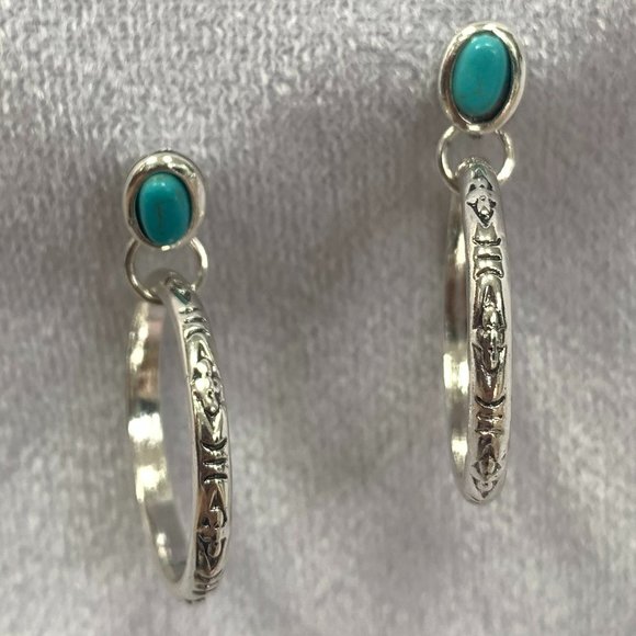 Etched Drop Hoop with Turquoise Gemstone Earrings - Picture 6 of 9